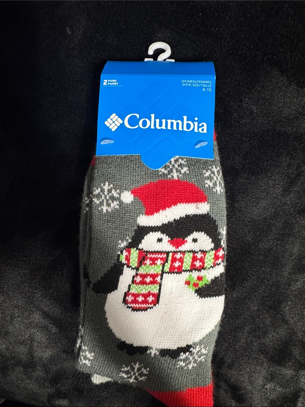 Columbia Grey Penguin Crew Socks with Red and White Holiday Accents